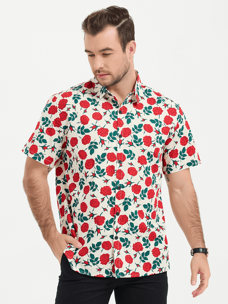 Rose Print Button Up Short Sleeve Shirt