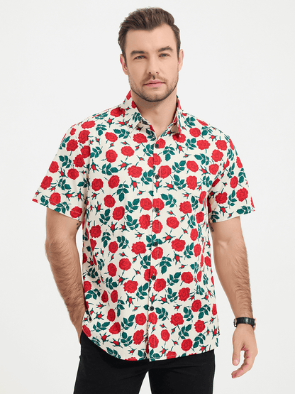 Rose Print Button Up Short Sleeve Shirt