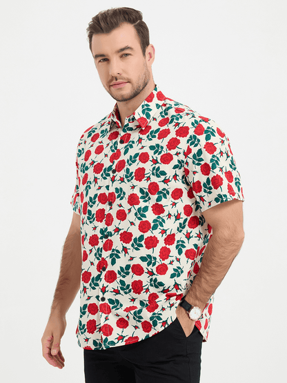 Rose Print Button Up Short Sleeve Shirt