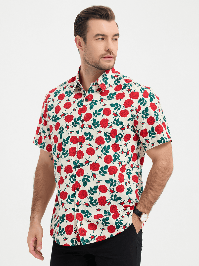 Rose Print Button Up Short Sleeve Shirt