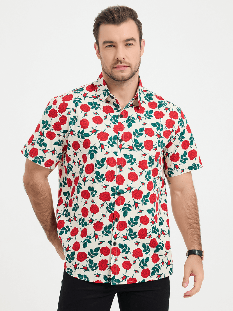 Rose Print Button Up Short Sleeve Shirt