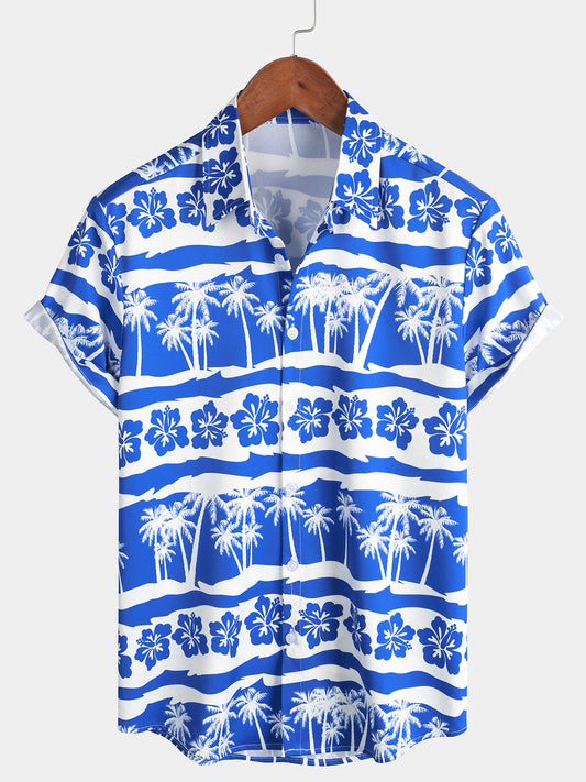 Tree And Floral Print Hawaiian Short Sleeve Shirt