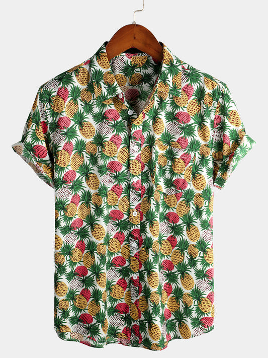 Holiday Pineapple Print Pocket Cotton Short Sleeve Shirt