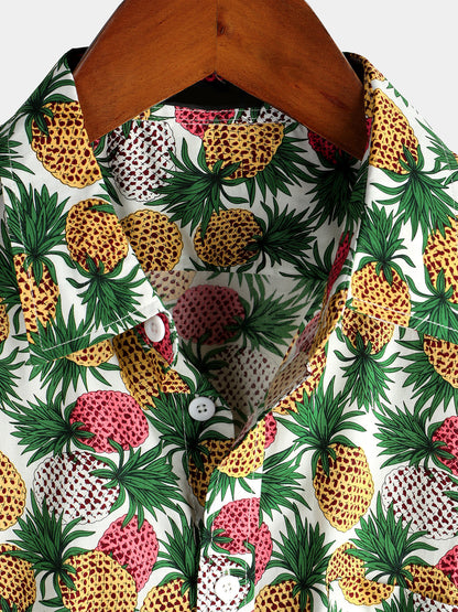 Holiday Pineapple Print Pocket Cotton Short Sleeve Shirt