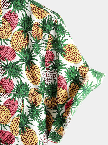 Holiday Pineapple Print Pocket Cotton Short Sleeve Shirt