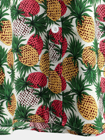 Holiday Pineapple Print Pocket Cotton Short Sleeve Shirt