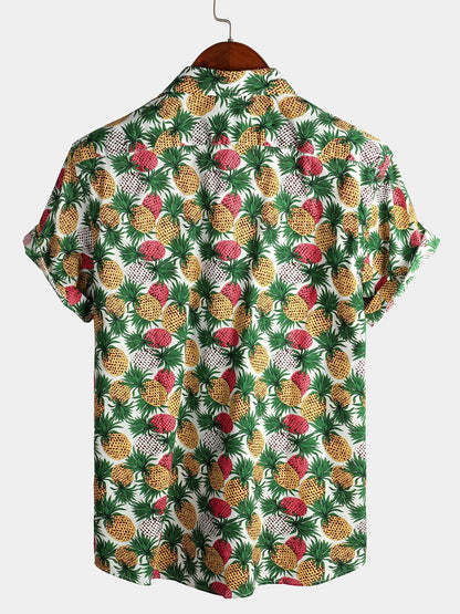 Holiday Pineapple Print Pocket Cotton Short Sleeve Shirt