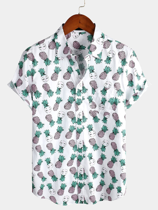 Holiday Tropical Pineapple Print Pocket Cotton Shirt