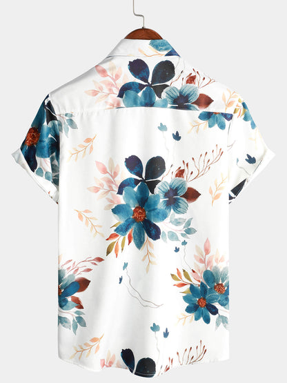 Flower Patterned Button Up Hawaiian Shirt