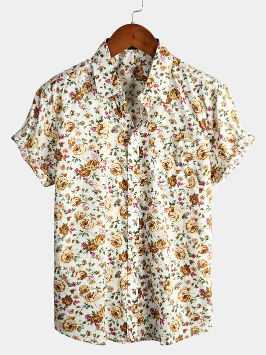 Short Sleeve Printed Rose Pattern Cotton Holiday Shirts