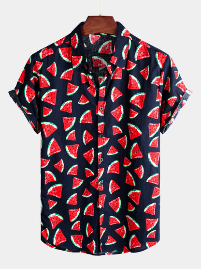 Watermelon Tropical Hawaii Print Cotton Shirt