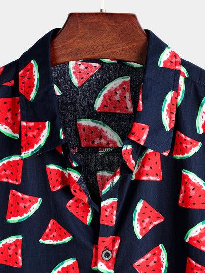 Watermelon Tropical Hawaii Print Cotton Shirt