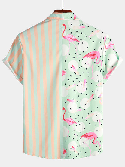 Flamingo And Striped Print Short Sleeve Shirt