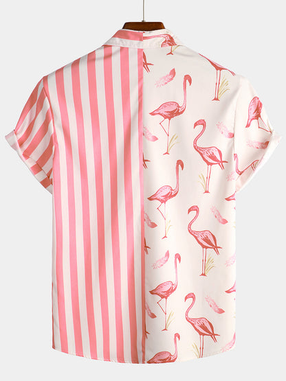 Flamingo And Striped Print Holiday Pocket Short Sleeve Shirt