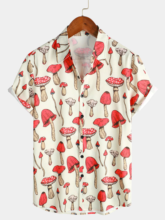 Mushroom Plant Print Holiday Short Sleeve Shirt