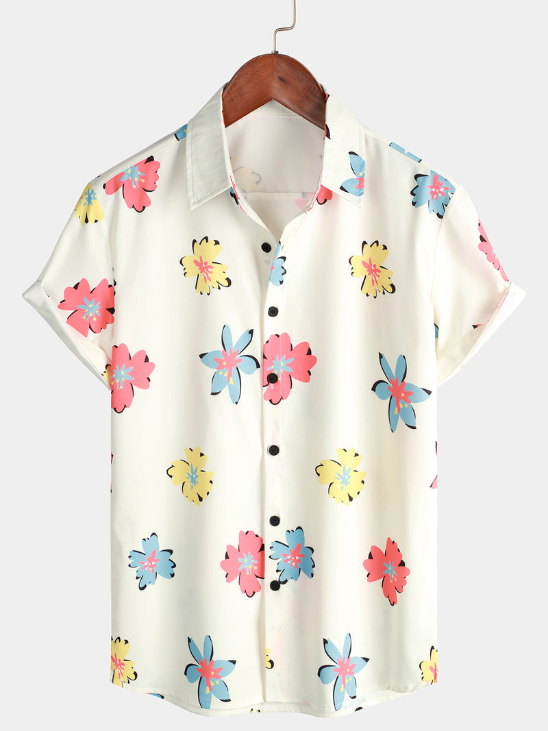 Summer Floral Print White Top Button Up Short Sleeve Shirt