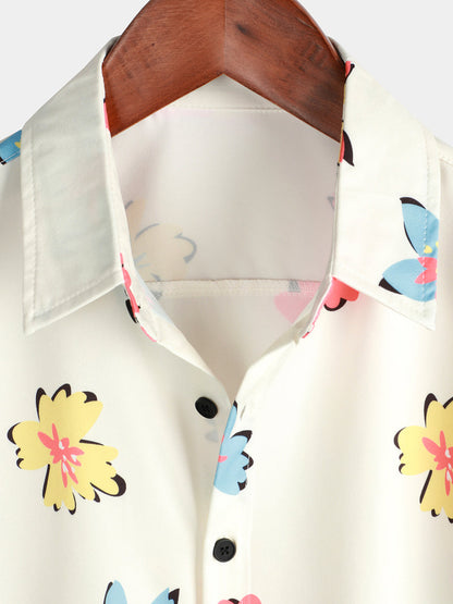 Summer Floral Print White Top Button Up Short Sleeve Shirt