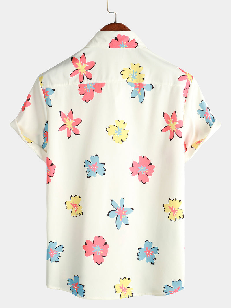 Summer Floral Print White Top Button Up Short Sleeve Shirt