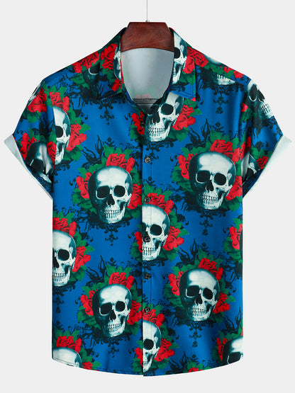 Rose Print Casual Button Up Hawaiian Short Sleeve Shirt