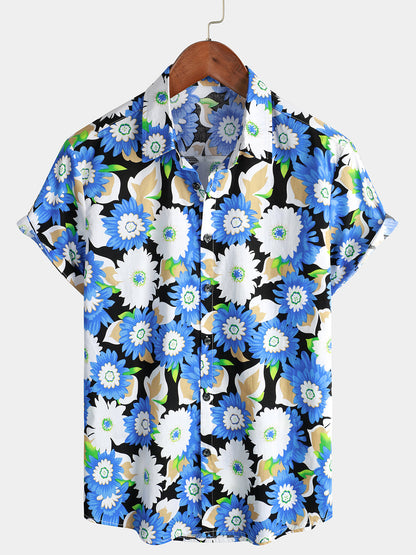 Floral Print Short Sleeve Blue Flower Shirt