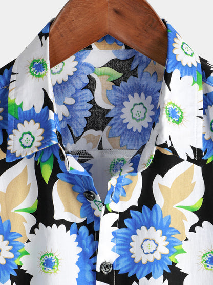 Floral Print Short Sleeve Blue Flower Shirt