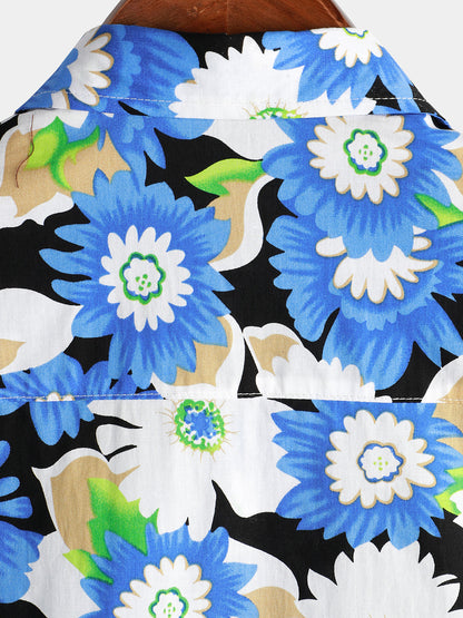 Floral Print Short Sleeve Blue Flower Shirt