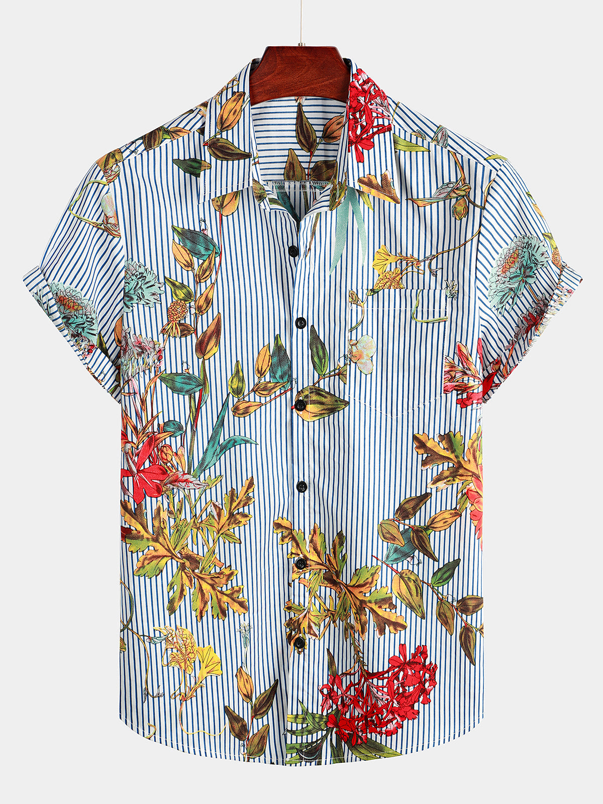 Striped And Flower Print Hawaiian Short Sleeve Shirt