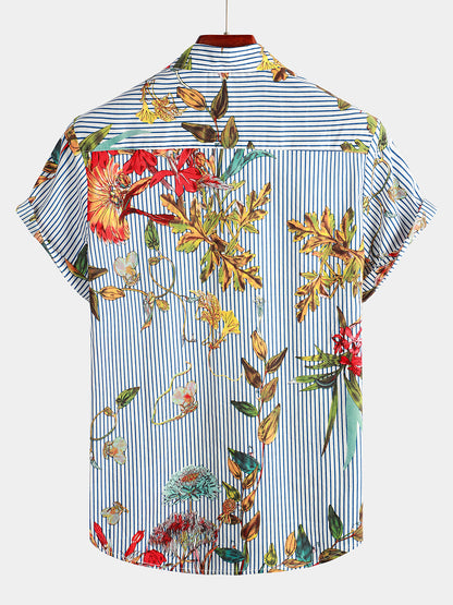 Striped And Flower Print Hawaiian Short Sleeve Shirt