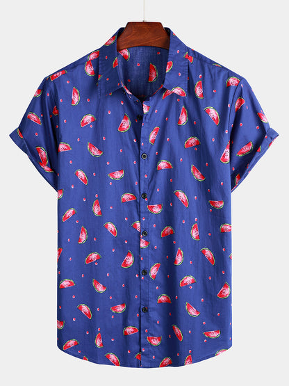 Watermelon Print Short Sleeve Hawaiian Shirt