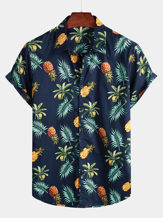 Pineapple Print Regular Fit Short Sleeve Hawaiian Shirt