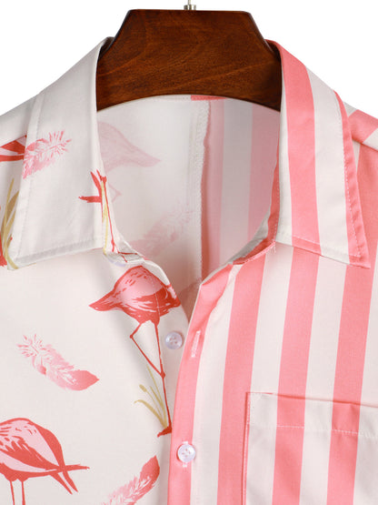 Flamingo And Striped Print Holiday Pocket Short Sleeve Shirt