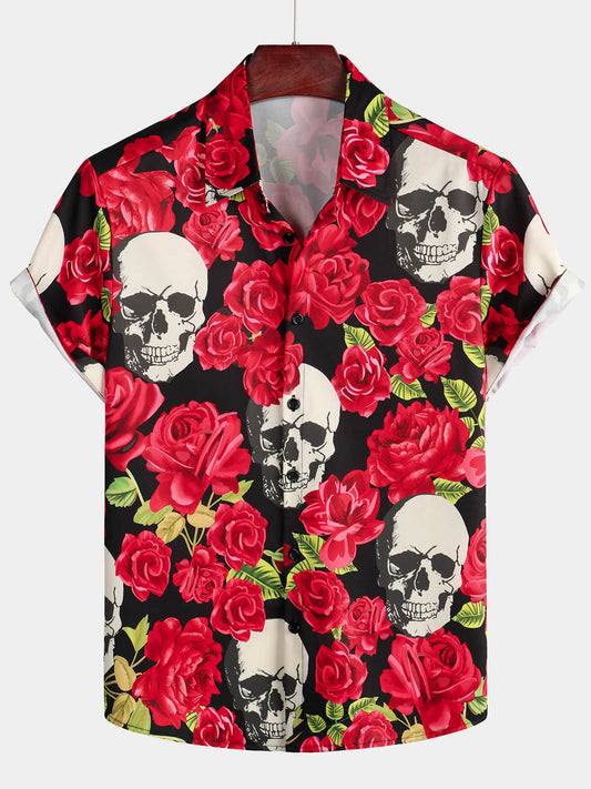 Rose Print Short Sleeve Button up Hawaiian Shirt