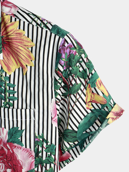 Striped Floral Print Hawaiian Shirt