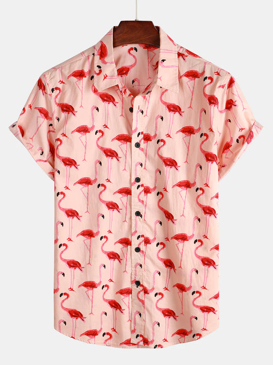 Flamingo Print Short Sleeve Hawaiian Shirt