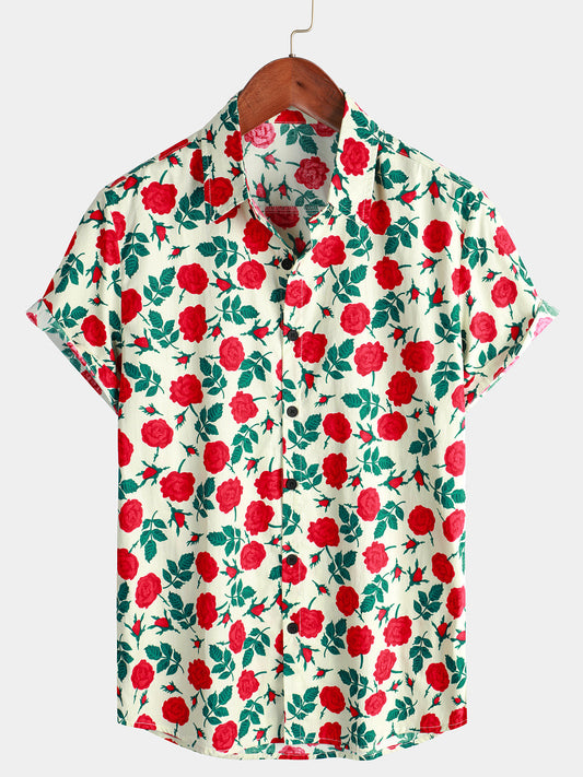 Rose Print Cotton Beach Button Up Short Sleeve Shirt