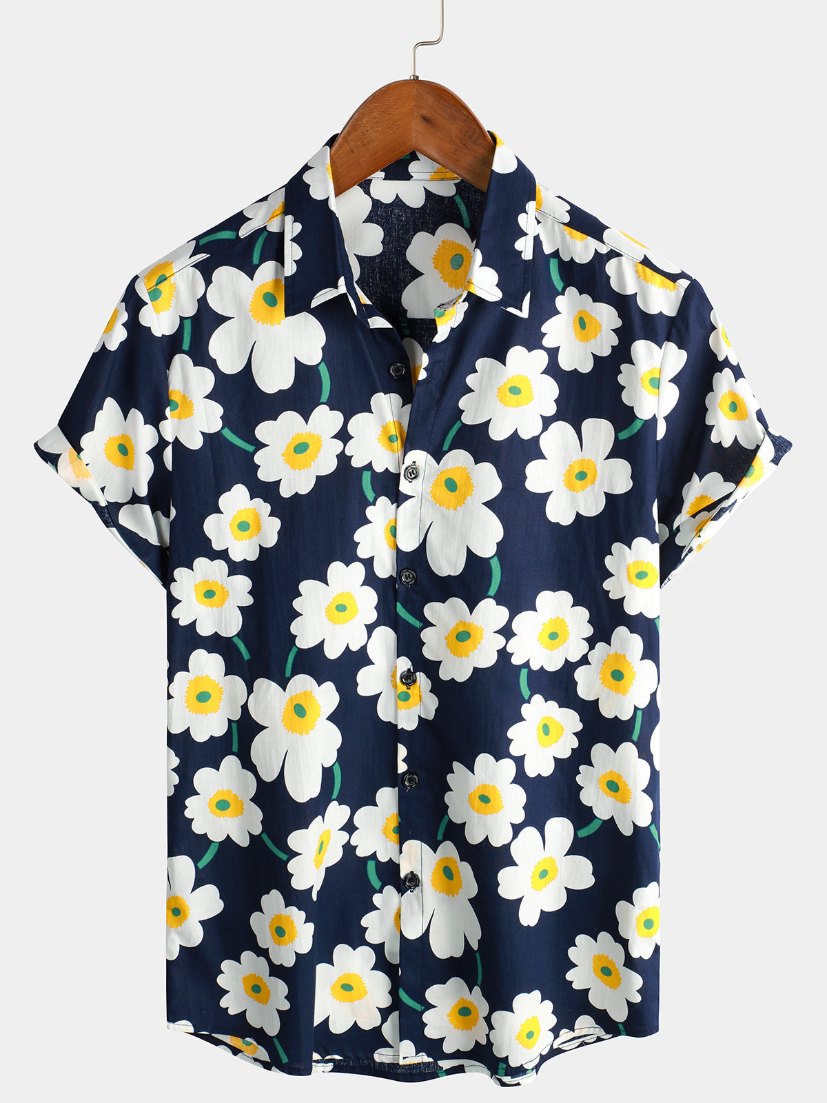 Floral Pattern Cotton Button Up Short Sleeve Shirt