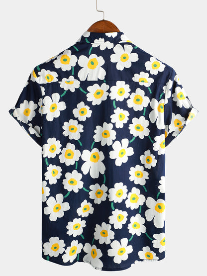 Floral Pattern Cotton Button Up Short Sleeve Shirt