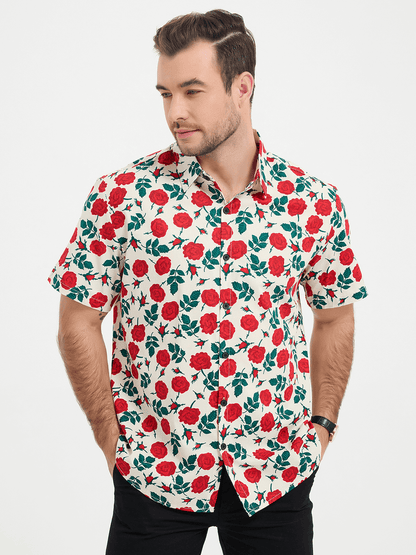 Rose Print Button Up Short Sleeve Shirt