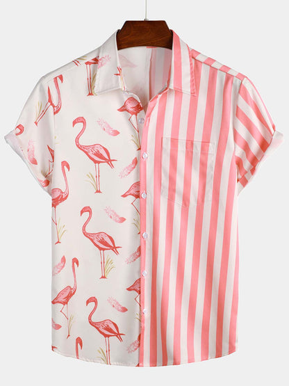 Flamingo And Striped Print Holiday Pocket Short Sleeve Shirt