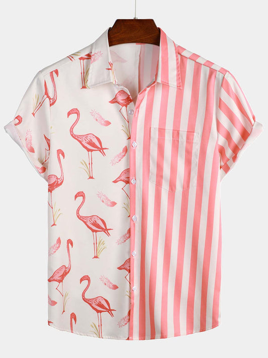 Flamingo And Striped Print Holiday Pocket Short Sleeve Shirt