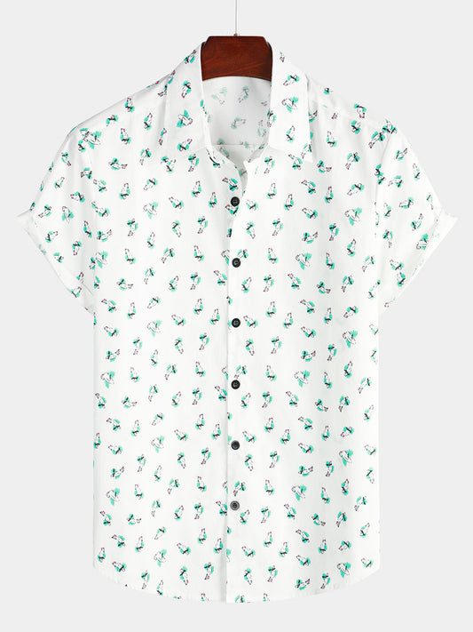 Parrot Print Cotton Casual Short Sleeve Shirt