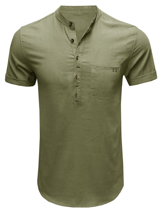 Henry Collar Solid Color Pocket Shirt