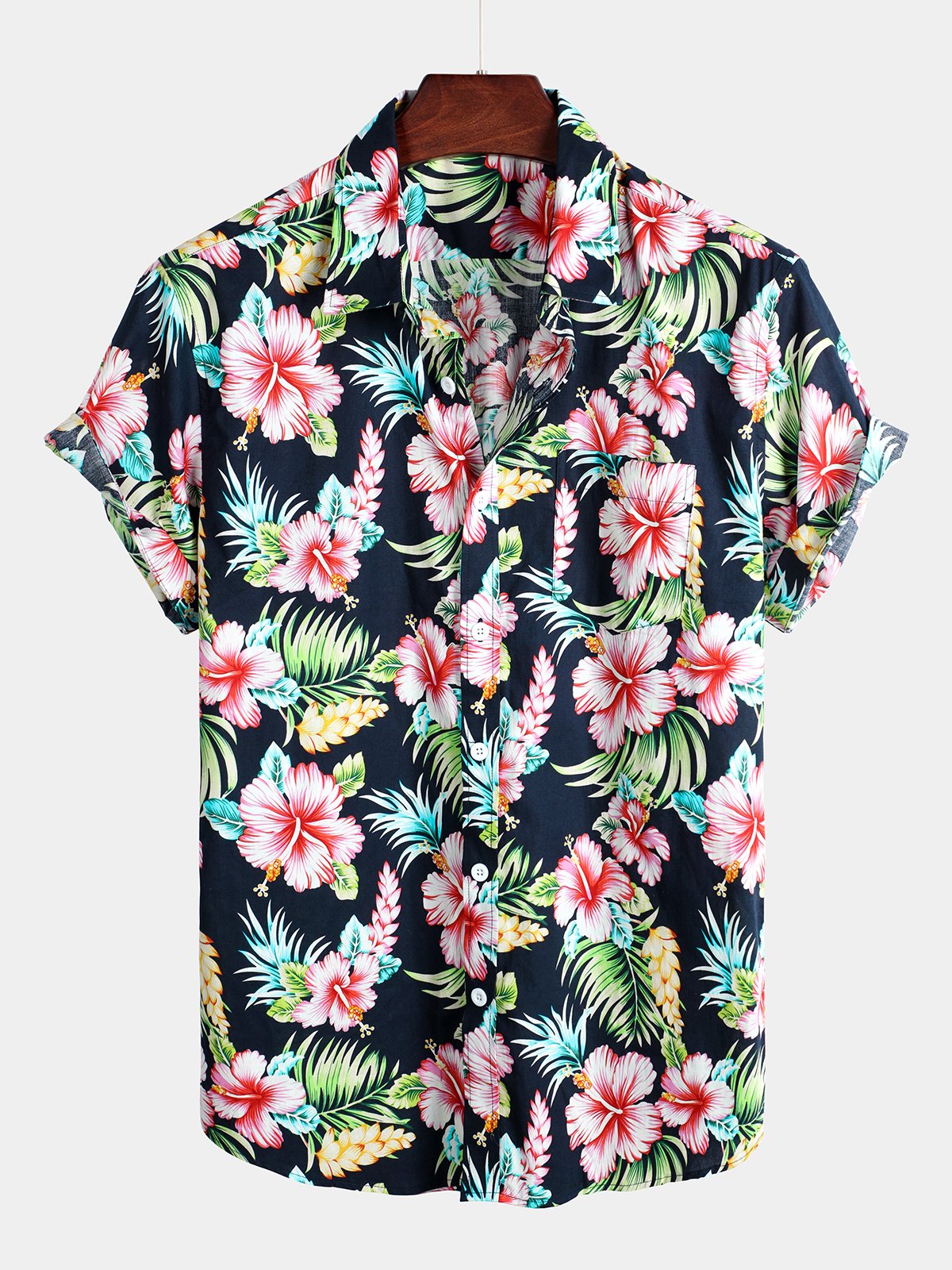 Flower Pattern Holiday Short Sleeve Cotton Shirt