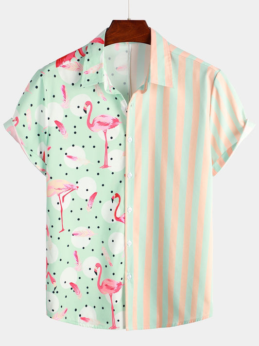 Flamingo And Striped Print Short Sleeve Shirt