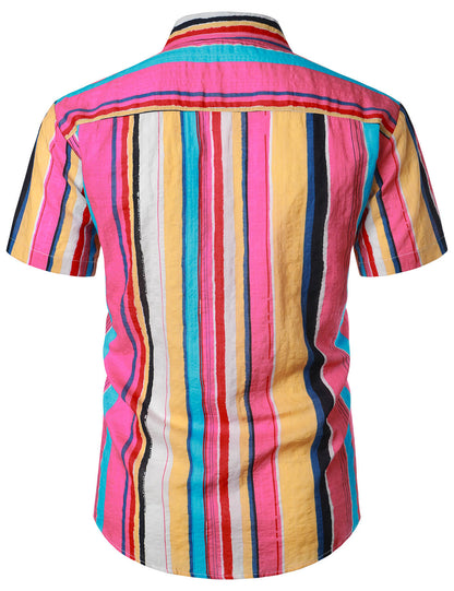 Rainbow Striped Button Up Summer Short Sleeve Shirt