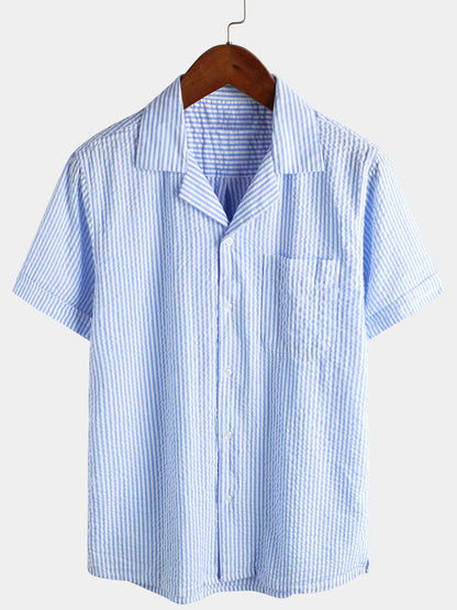 Striped Cotton Blue Summer Button Up Short Sleeve Beach Shirt