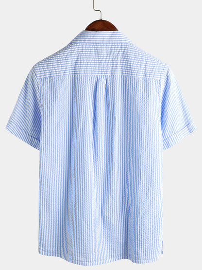 Striped Cotton Blue Summer Button Up Short Sleeve Beach Shirt