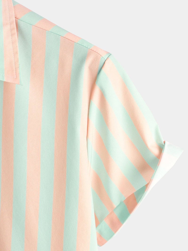 Flamingo And Striped Print Short Sleeve Shirt