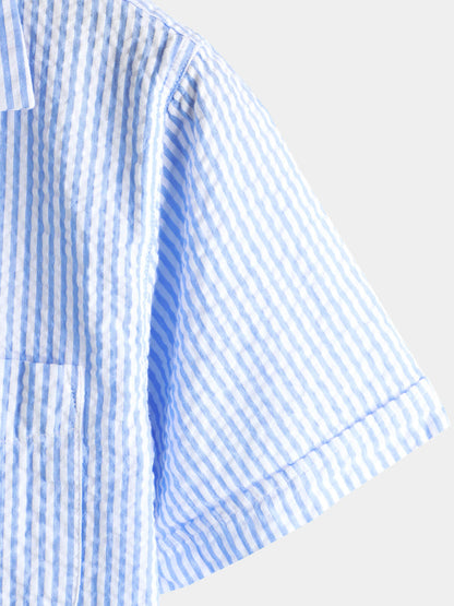 Striped Cotton Blue Summer Button Up Short Sleeve Beach Shirt