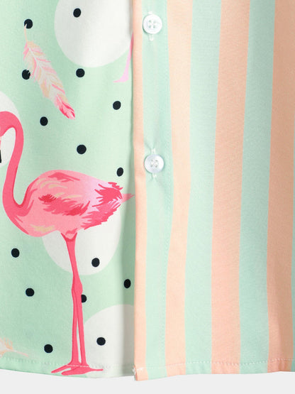 Flamingo And Striped Print Short Sleeve Shirt